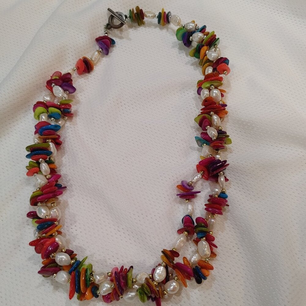 Multi Strand Shell Mother of Pearl Chip Bead Necklace